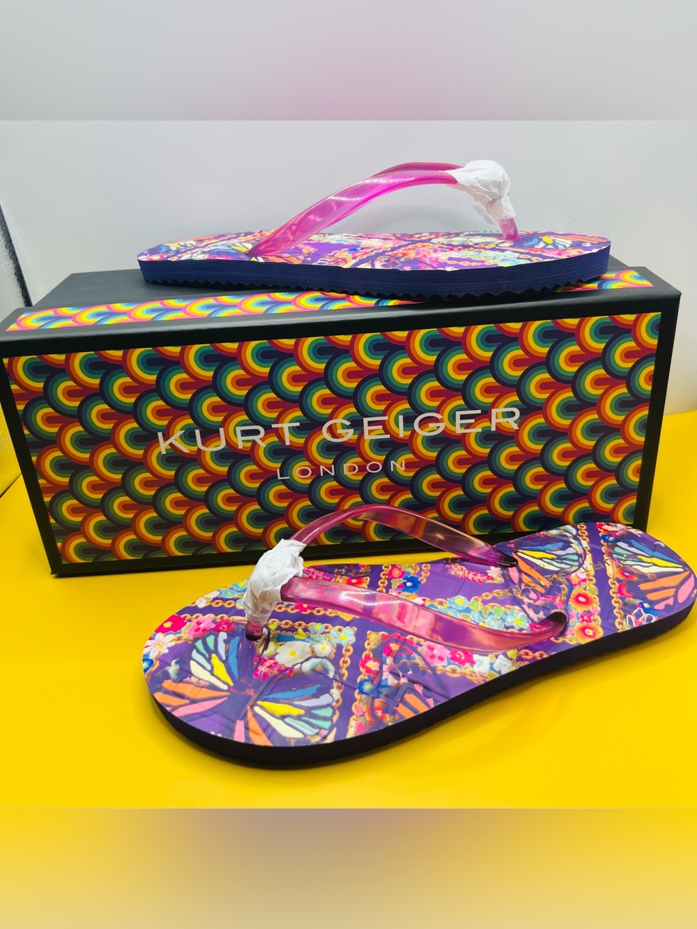 Kurt Geiger London Kensington Flip Flops Lilac Butterfly Size 7 NIB
